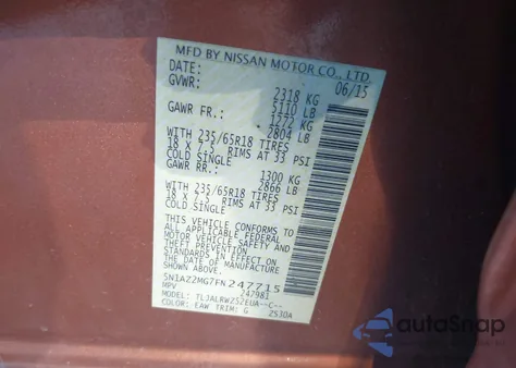 2015 Nissan Murano Sl z USA, uszkodzony, nr VIN 5N1AZ2MG7FN247715